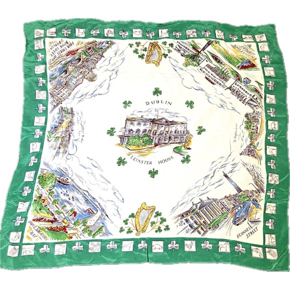 Accessories - Vintage Dublin‎ Ireland Souvenir Scarf Green White headscarf Landmarks STAINED